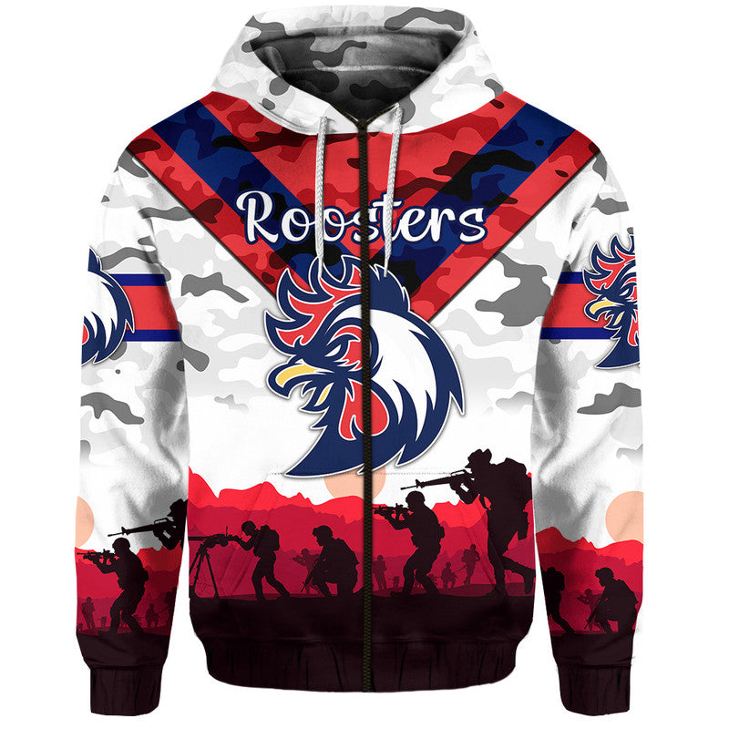 (Custom Personalised) Sydney Roosters ANZAC 2022 Zip Up And Pullover Hoodie Simple Style - White LT8