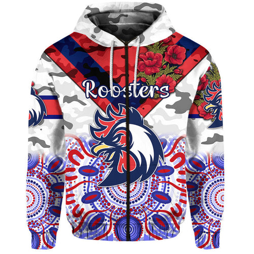 (Custom Personalised) Sydney Roosters ANZAC 2022 Zip Up And Pullover Hoodie Indigenous Vibes - White LT8