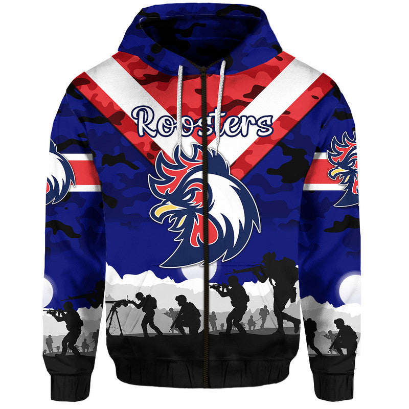 (Custom Personalised) Sydney Roosters ANZAC 2022 Zip Up And Pullover Hoodie Simple Style - Blue LT8