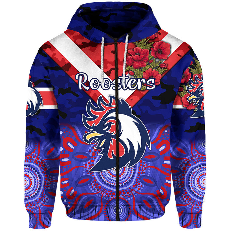 (Custom Personalised) Sydney Roosters ANZAC 2022 Zip Up And Pullover Hoodie Indigenous Vibes - Blue LT8