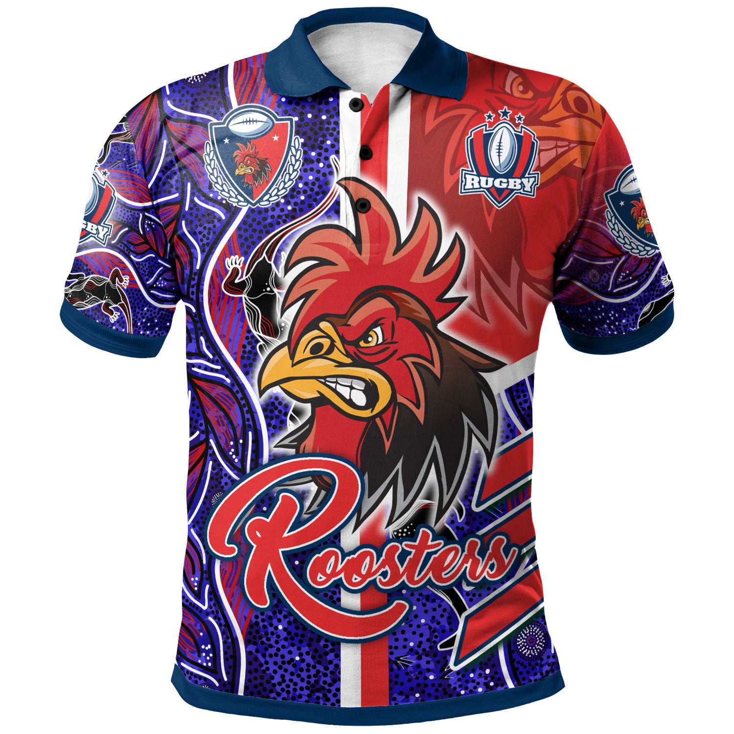 roosters-rugby-polo-shirt-custom-roosters-rugby-ball-aboriginal-indigenous-sport-style-polo-shirt