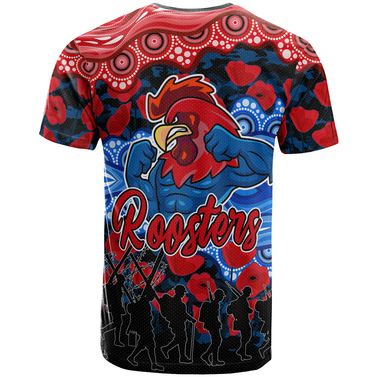 roosters-rugby-t-shirt-custom-anzac-rooster-with-aboriginal-patterns-poppy-t-shirt