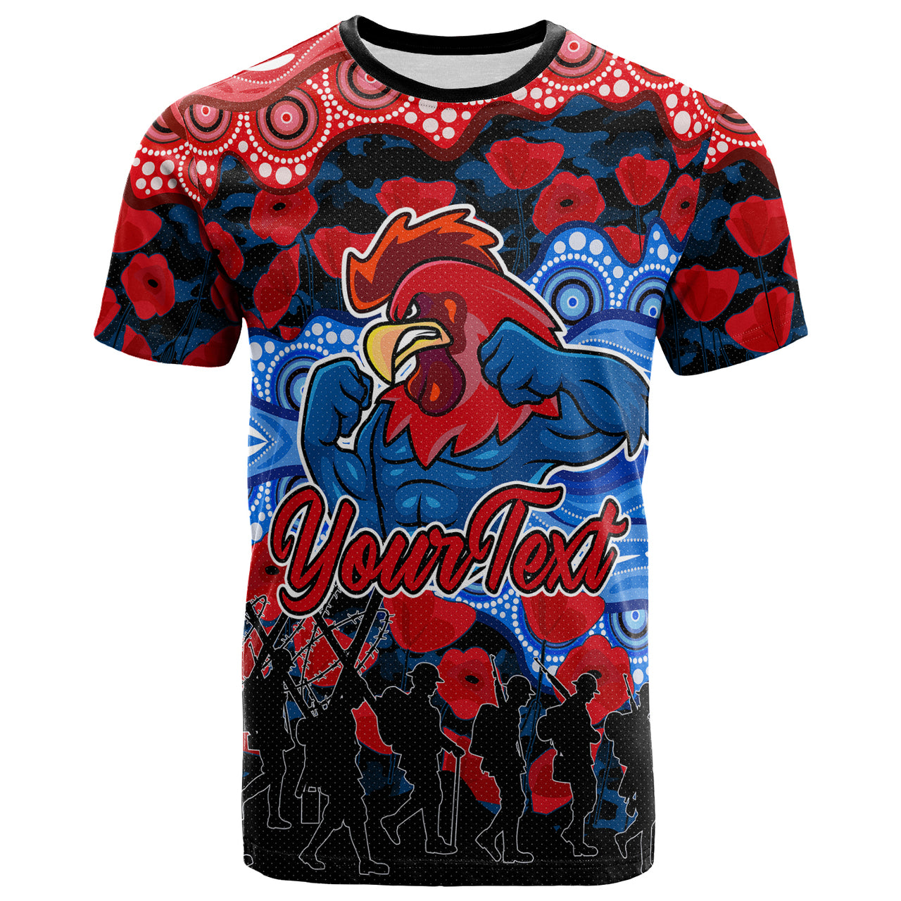 roosters-rugby-t-shirt-custom-anzac-rooster-with-aboriginal-patterns-poppy-t-shirt