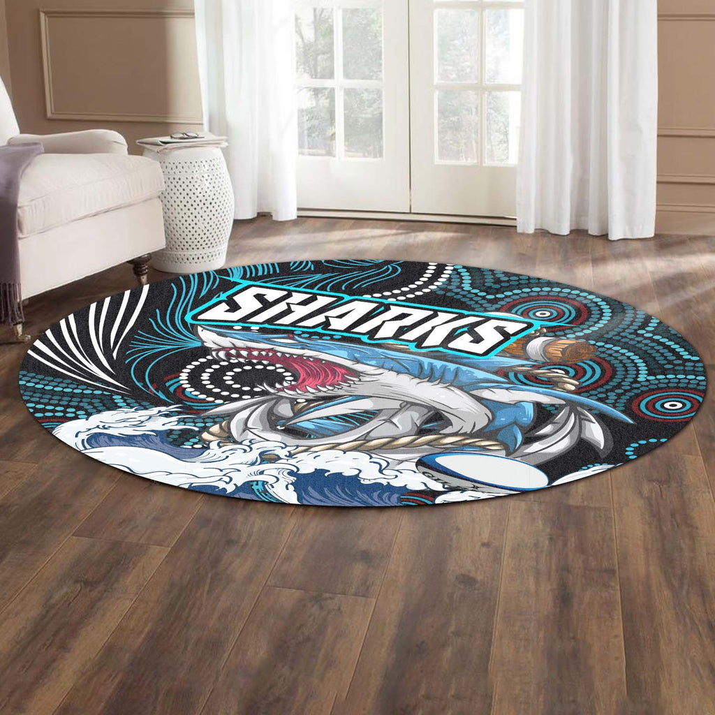 shark-rugby-round-rug-impetuous-sharks-with-rugby-ball-and-aboriginal-dot-painting-art-round-rug