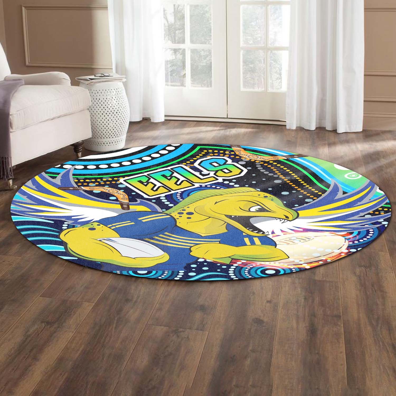 eels-rugby-round-rug-eels-rugby-with-aboriginal-pattern-indigenous-round-rug