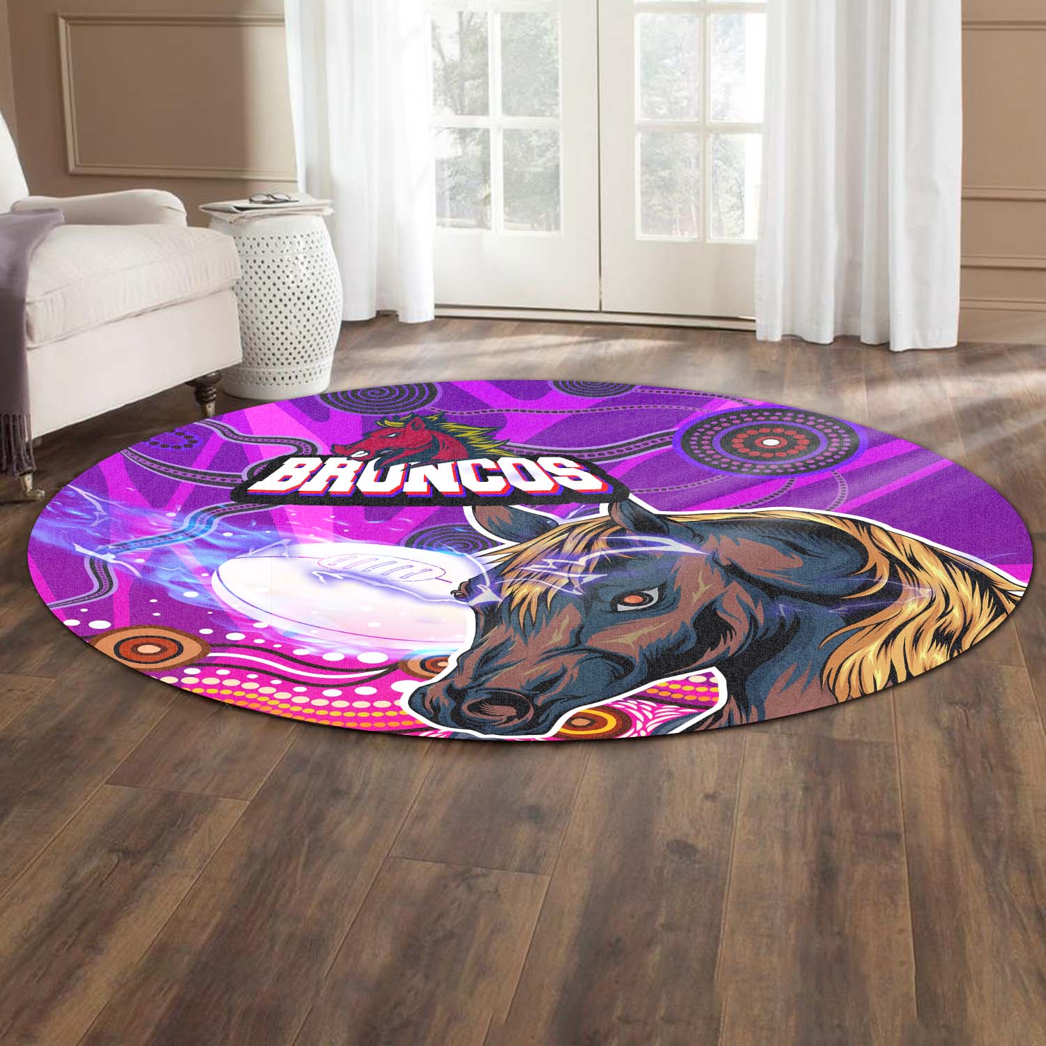 broncos-rugby-round-rug-broncos-horse-rugby-with-aboriginal-low-poly-style-round-rug