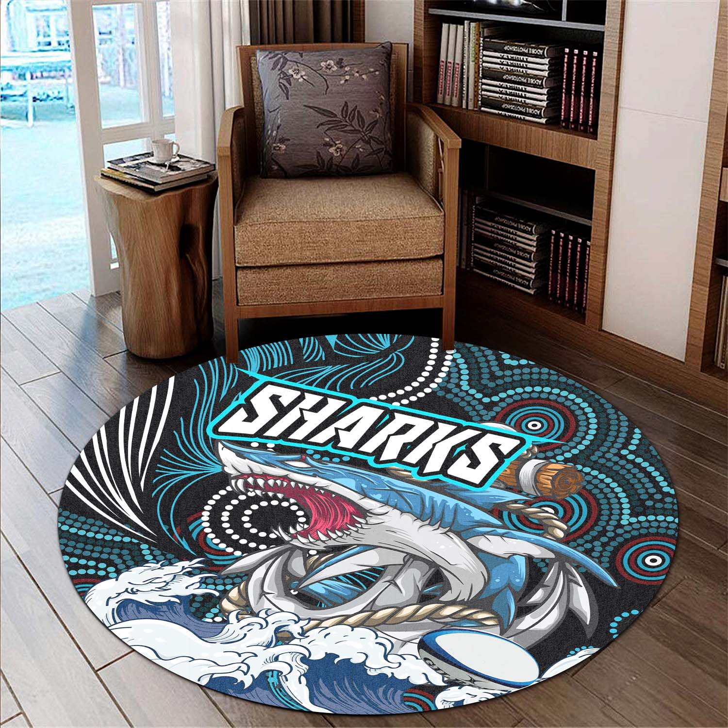 shark-rugby-round-rug-impetuous-sharks-with-rugby-ball-and-aboriginal-dot-painting-art-round-rug