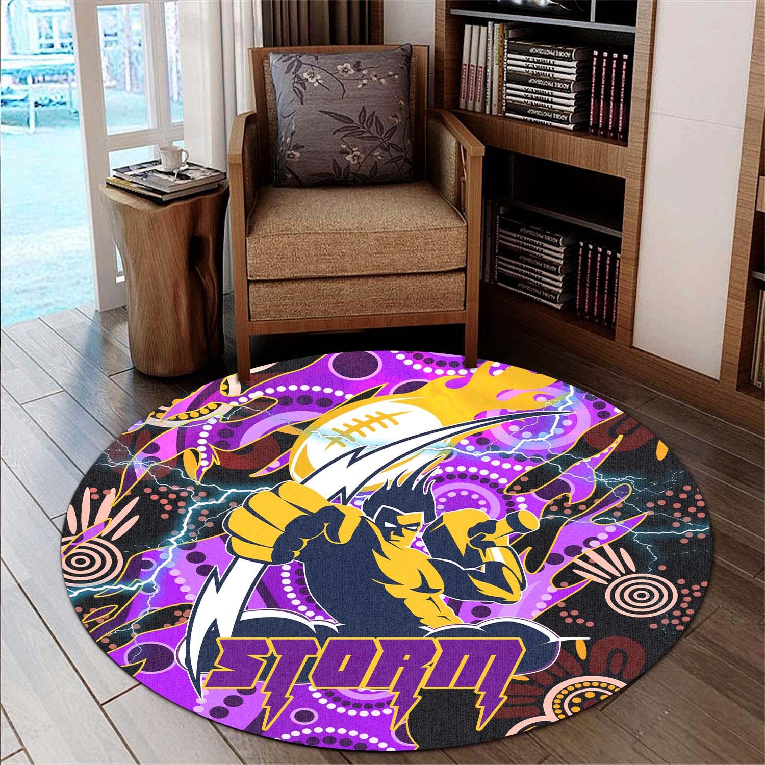 storm-rugby-round-rug-storm-rugby-team-with-aboriginal-dot-painting-and-indigenous-pattern-round-rug