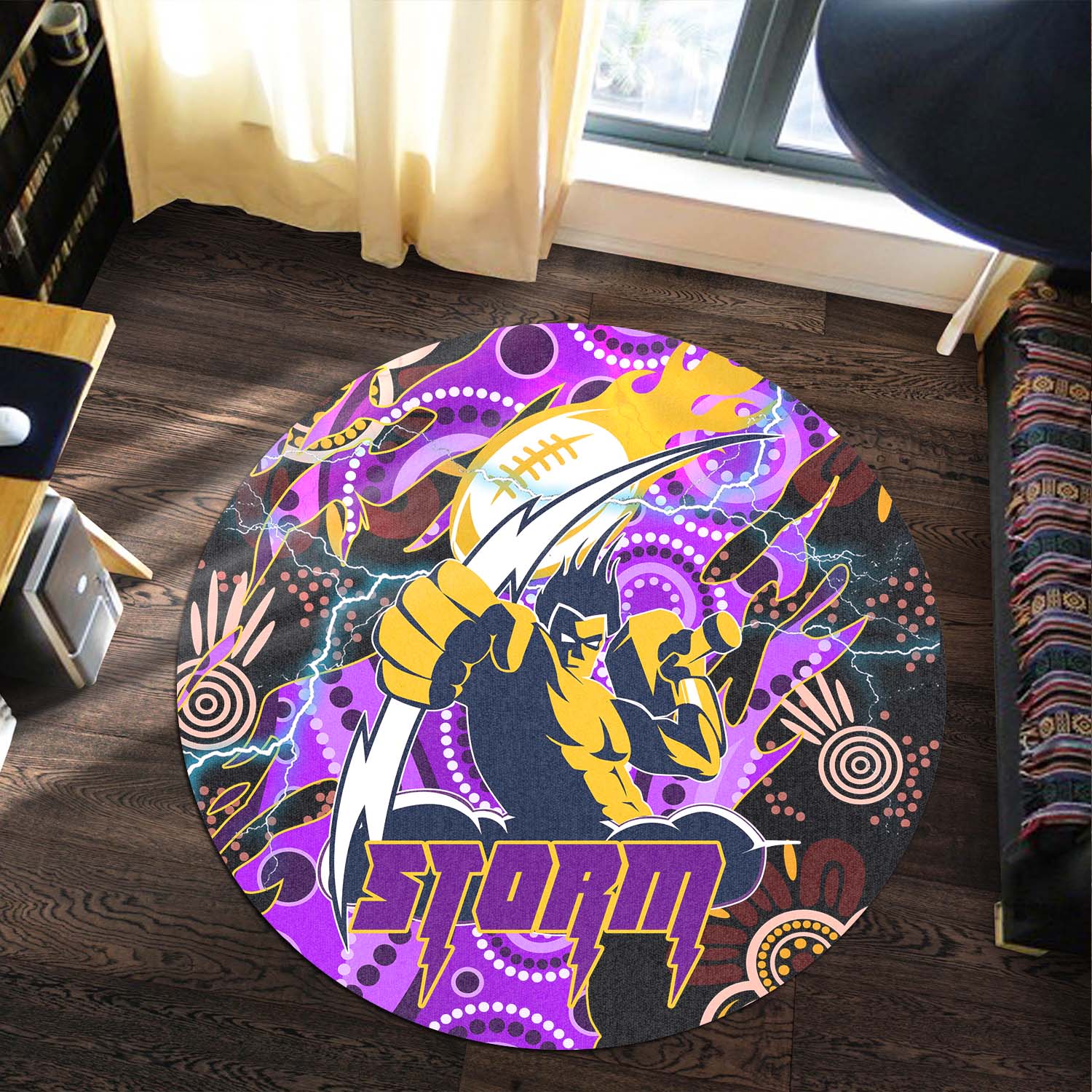 storm-rugby-round-rug-storm-rugby-team-with-aboriginal-dot-painting-and-indigenous-pattern-round-rug