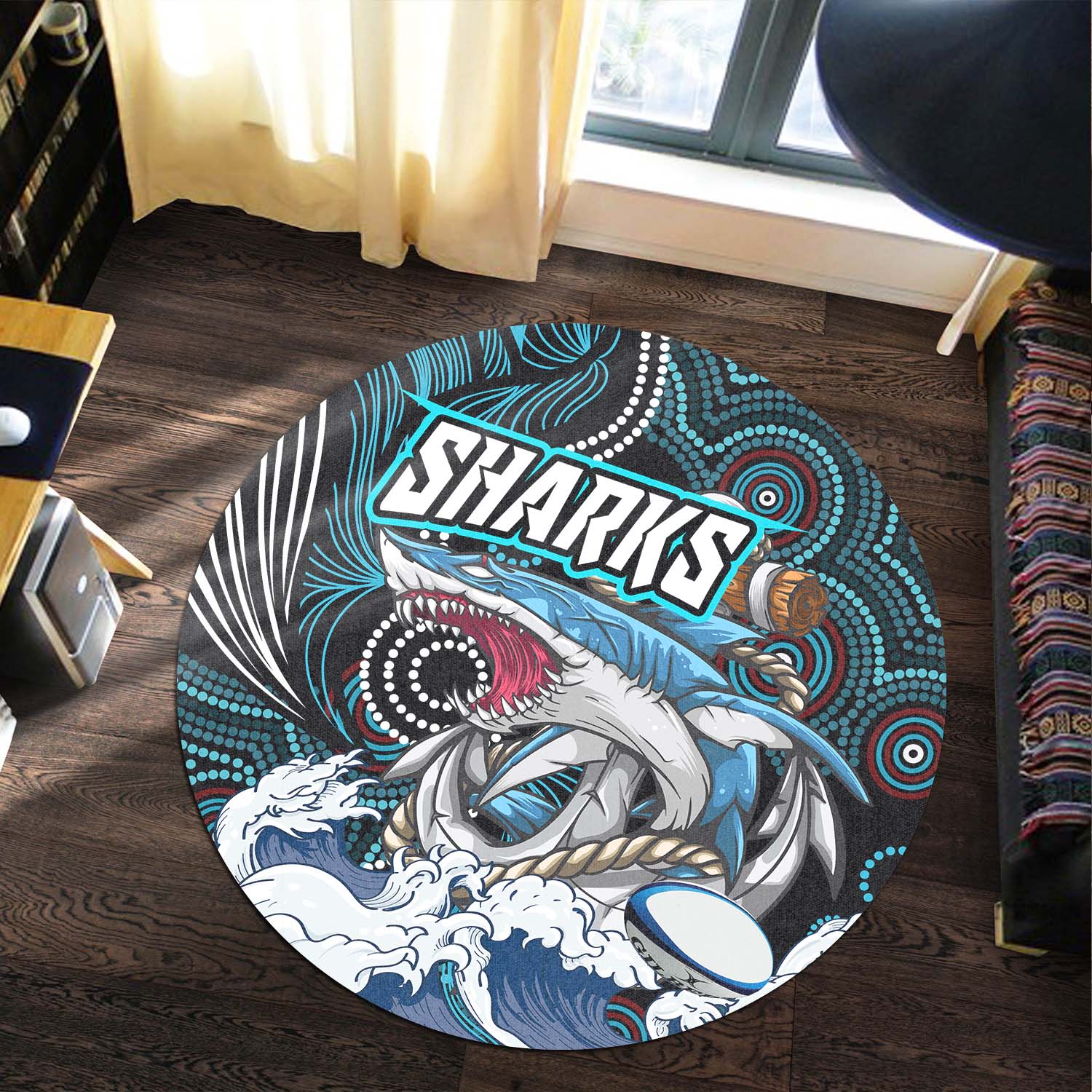 shark-rugby-round-rug-impetuous-sharks-with-rugby-ball-and-aboriginal-dot-painting-art-round-rug