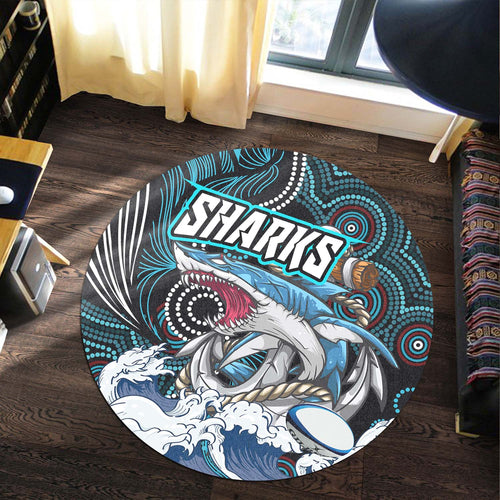 shark-rugby-round-rug-impetuous-sharks-with-rugby-ball-and-aboriginal-dot-painting-art-round-rug