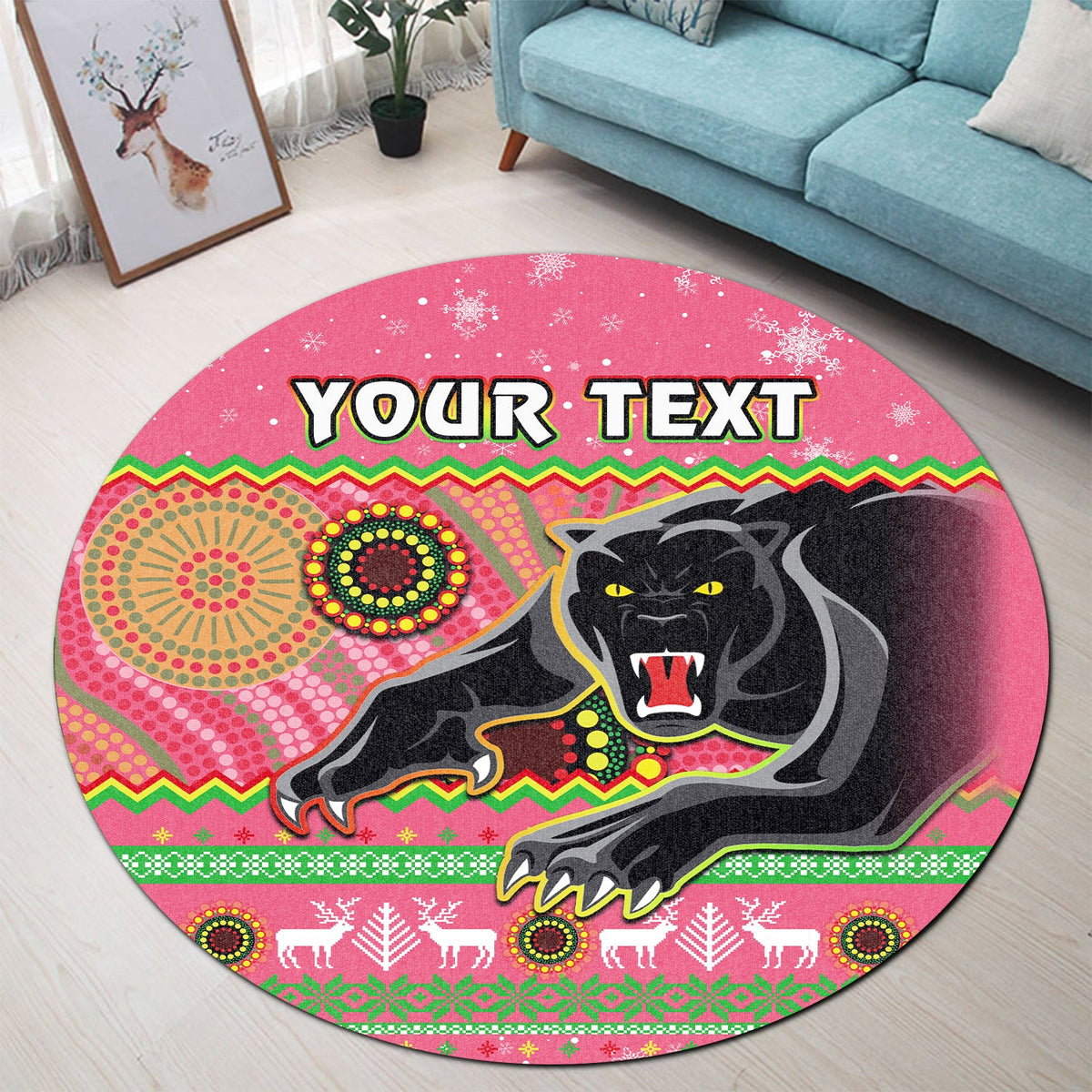 custom-personalised-panthers-christmas-round-carpet-aboriginal-pattern-penrith-pink-version