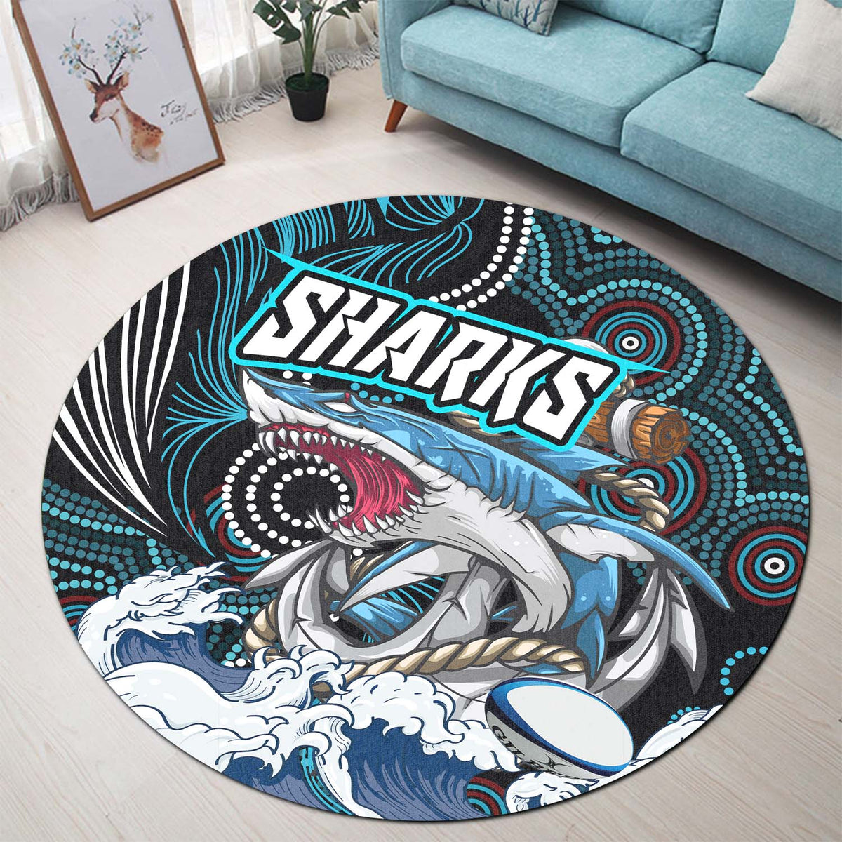 shark-rugby-round-rug-impetuous-sharks-with-rugby-ball-and-aboriginal-dot-painting-art-round-rug