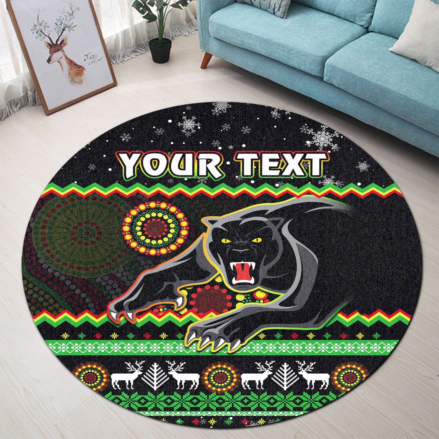 custom-personalised-panthers-christmas-round-carpet-aboriginal-pattern-penrith-black-version
