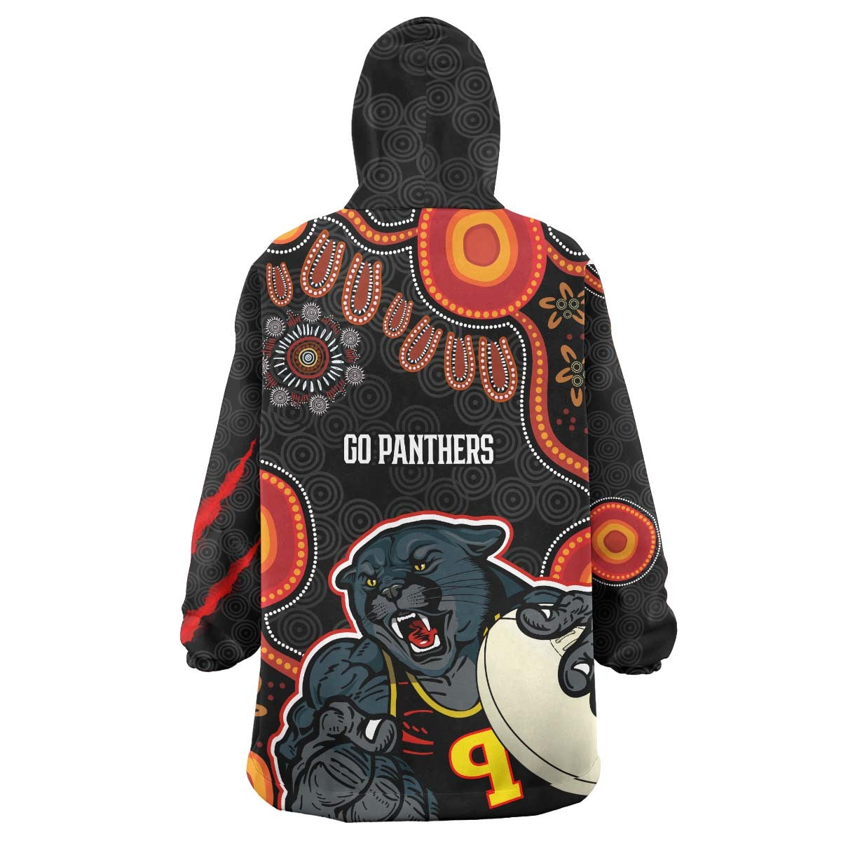 panthers-rugby-snug-hoodie-custom-penrith-panthers-aboriginal-with-rugby-ball-indigenous-style-of-dot-painting-traditional-oodie-blanket