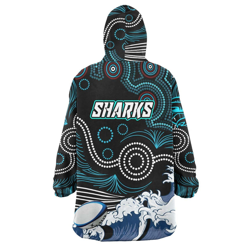 sharks-rugby-snug-hoodie-custom-impetuous-sharks-with-rugby-ball-and-aboriginal-dot-painting-art-oodie-blanket