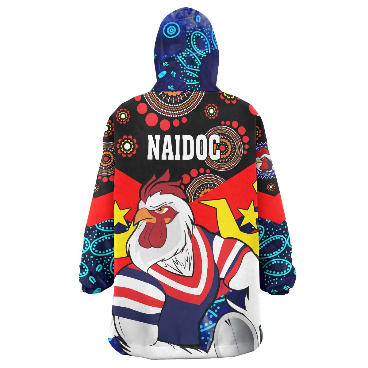rooster-rugby-snug-hoodie-custom-naidoc-week-sydney-rooster-with-rugby-ball-aboriginal-culture-and-torres-strait-oodie-blanket