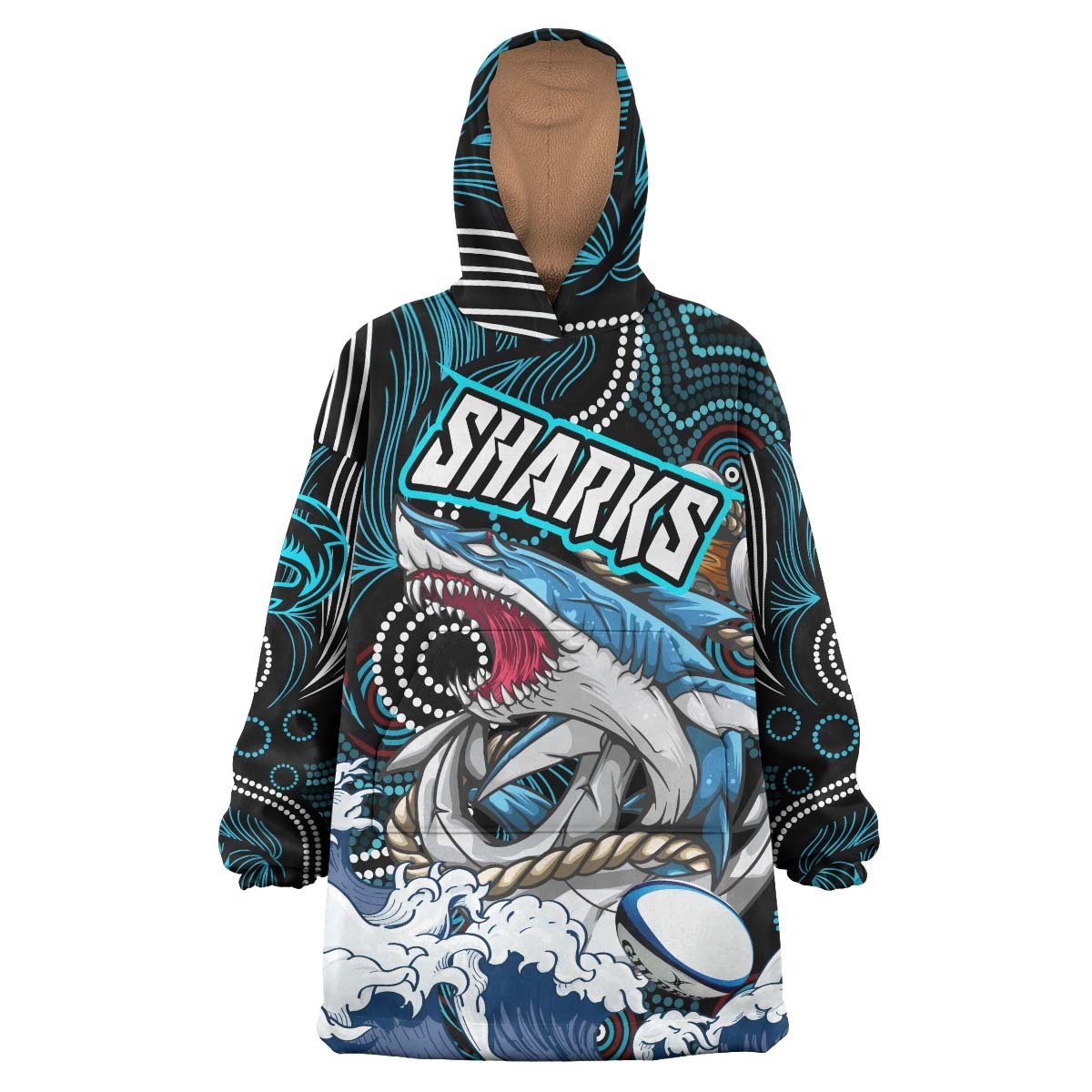 sharks-rugby-snug-hoodie-custom-impetuous-sharks-with-rugby-ball-and-aboriginal-dot-painting-art-oodie-blanket