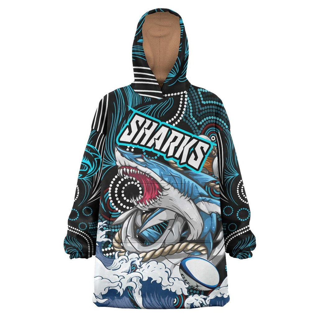 sharks-rugby-snug-hoodie-custom-impetuous-sharks-with-rugby-ball-and-aboriginal-dot-painting-art-oodie-blanket