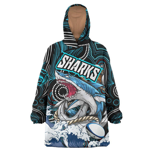 sharks-rugby-snug-hoodie-custom-impetuous-sharks-with-rugby-ball-and-aboriginal-dot-painting-art-oodie-blanket