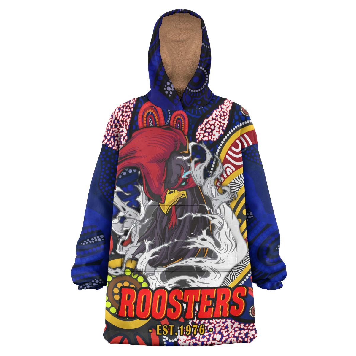 roosters-rugby-snug-hoodie-custom-angry-rooster-rugby-with-aboriginal-indigenous-dot-painting-style-oodie-blanket