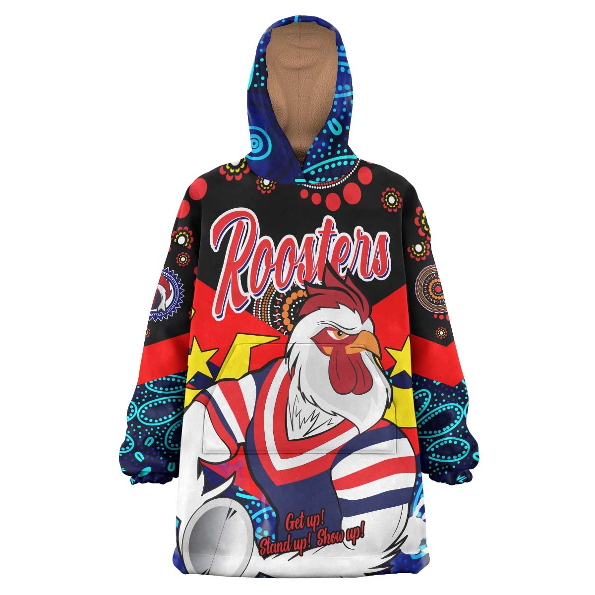 rooster-rugby-snug-hoodie-custom-naidoc-week-sydney-rooster-with-rugby-ball-aboriginal-culture-and-torres-strait-oodie-blanket
