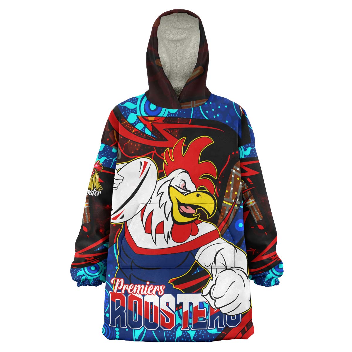 roosters-rugby-snug-hoodie-custom-roosters-mascot-with-rugby-aboriginal-dot-painting-player-and-number-oodie-blanket