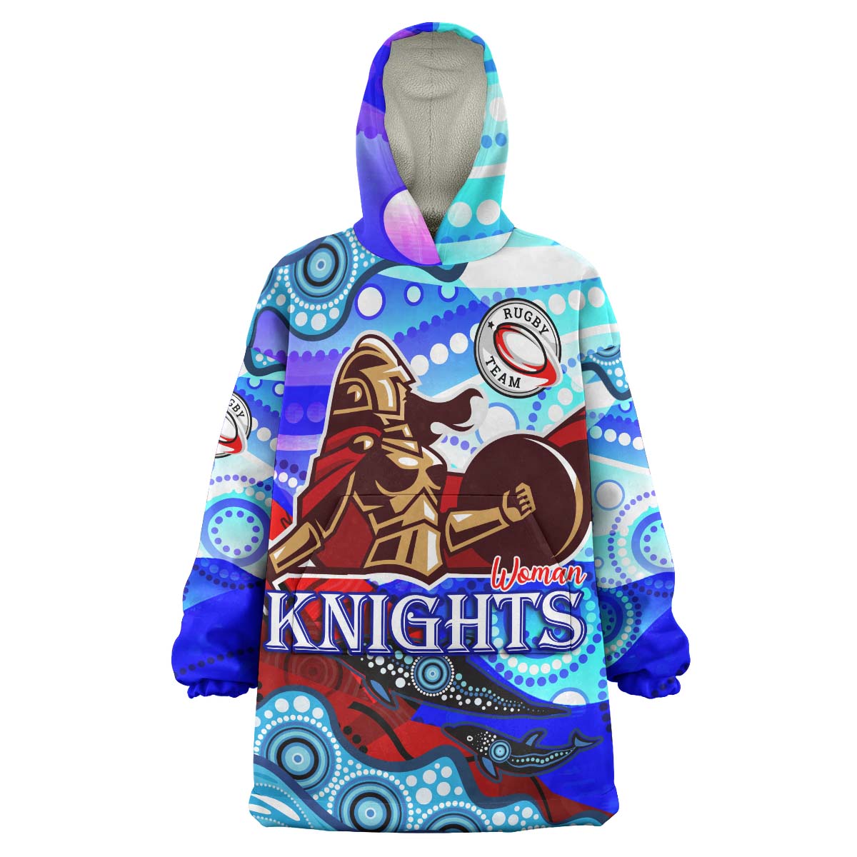 nrlw-knights-rugby-snug-hoodie-custom-woman-knights-with-aboriginal-dot-painting-style-player-and-number-woman-oodie-blanket