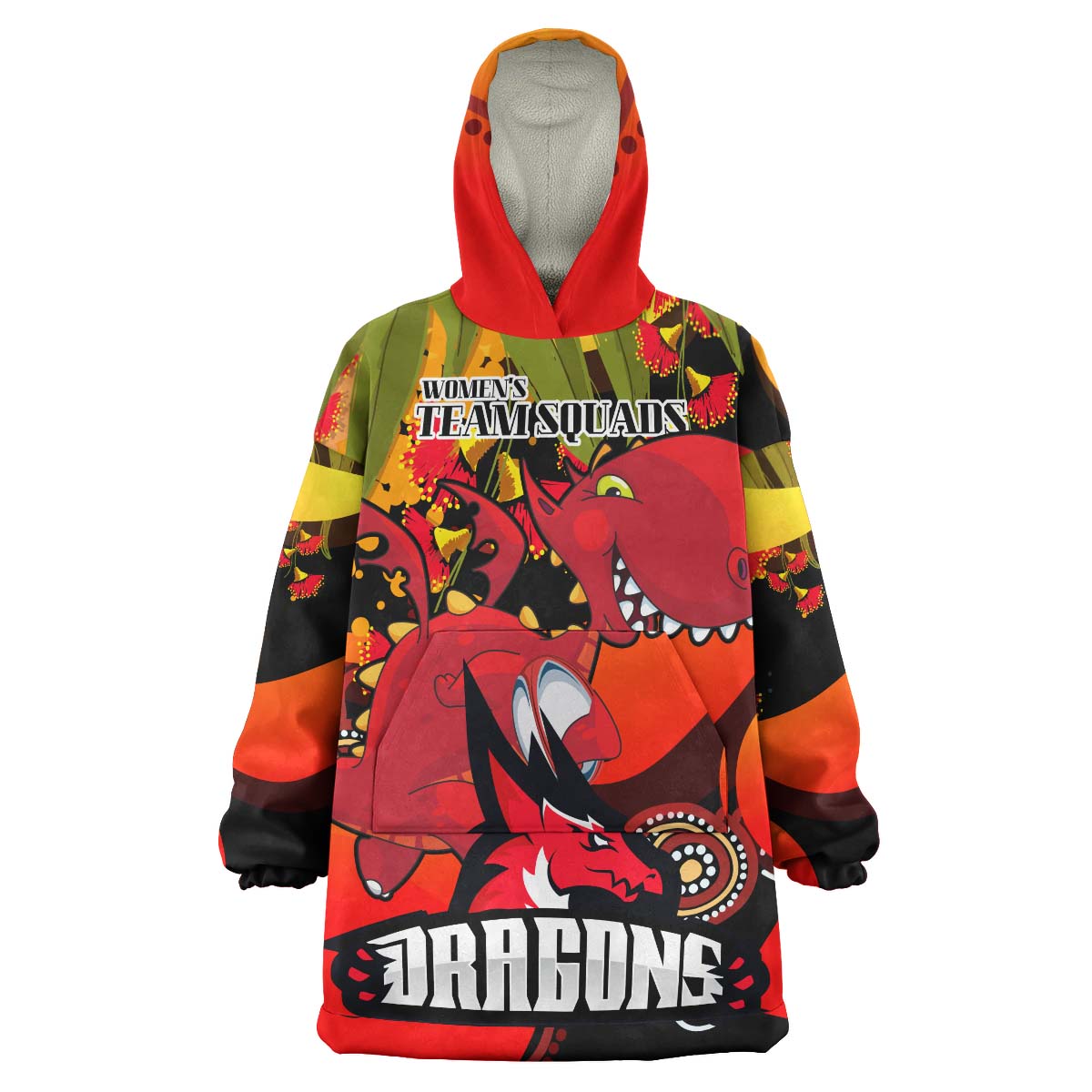 nrlw-stgeorge-rugby-snug-hoodie-custom-cute-dragons-with-aboriginal-dot-painting-style-player-and-number-woman-oodie-blanket