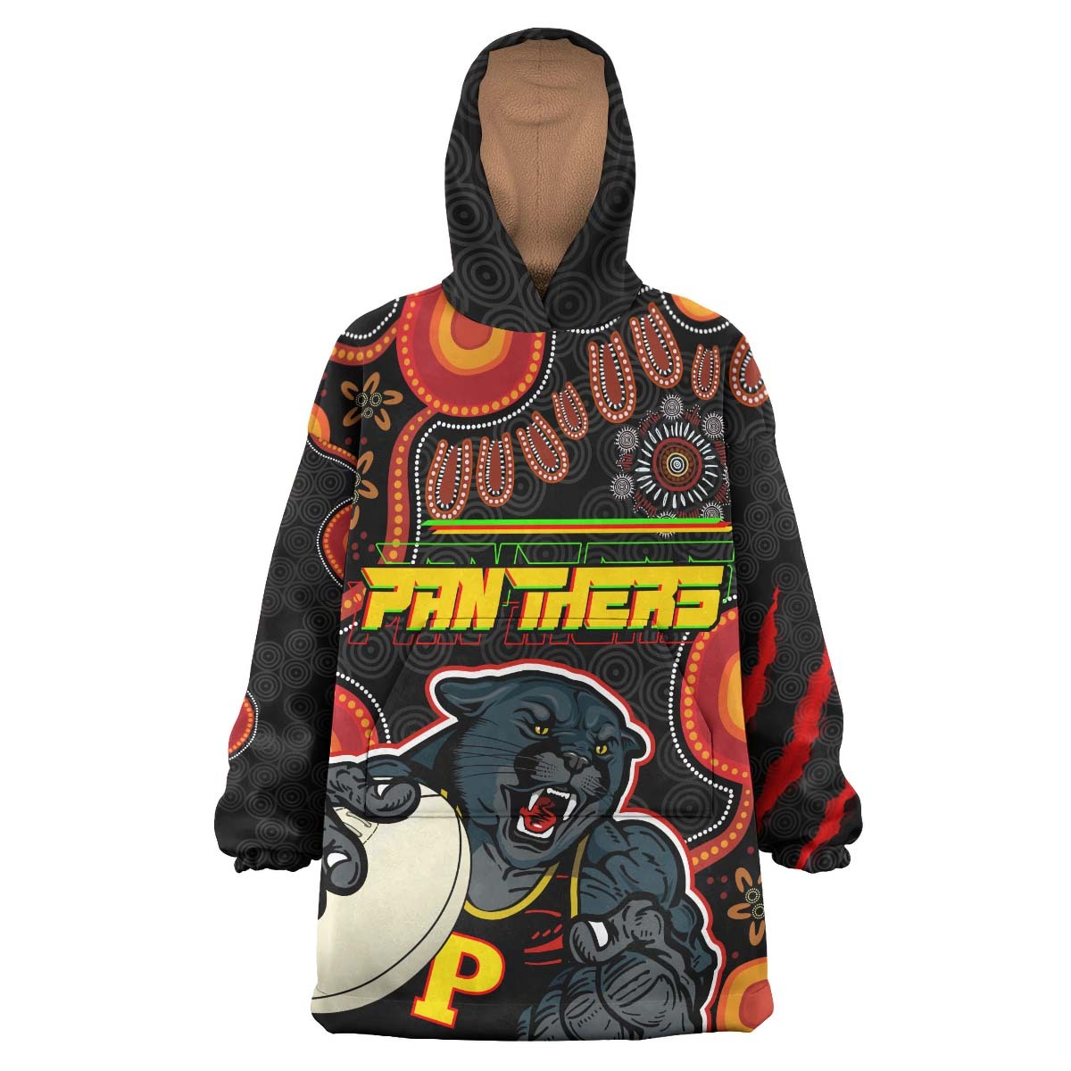 panthers-rugby-snug-hoodie-custom-penrith-panthers-aboriginal-with-rugby-ball-indigenous-style-of-dot-painting-traditional-oodie-blanket