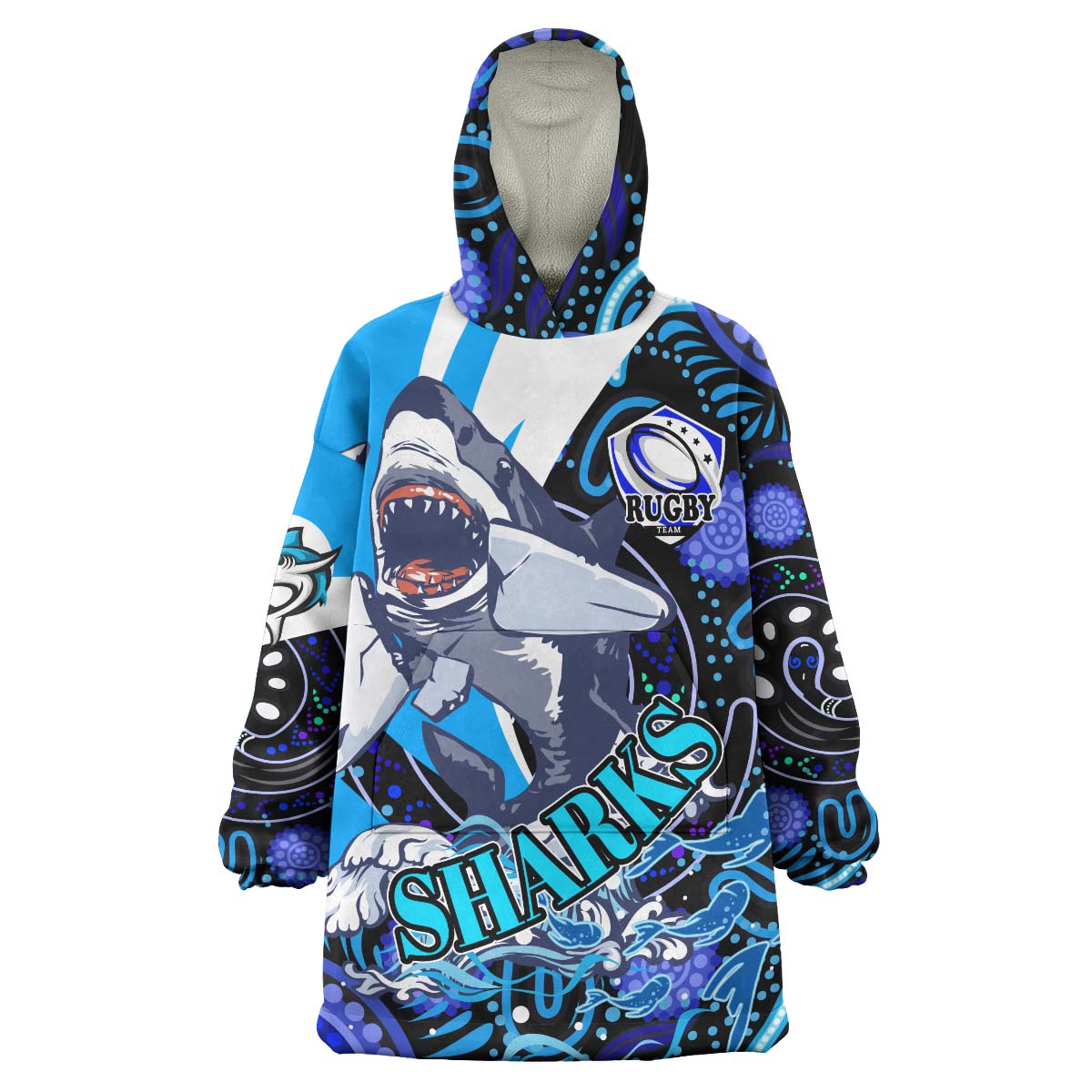 sharks-rugby-snug-hoodie-custom-angry-sharks-rugby-team-with-aboriginal-dot-painting-player-and-number-oodie-blanket