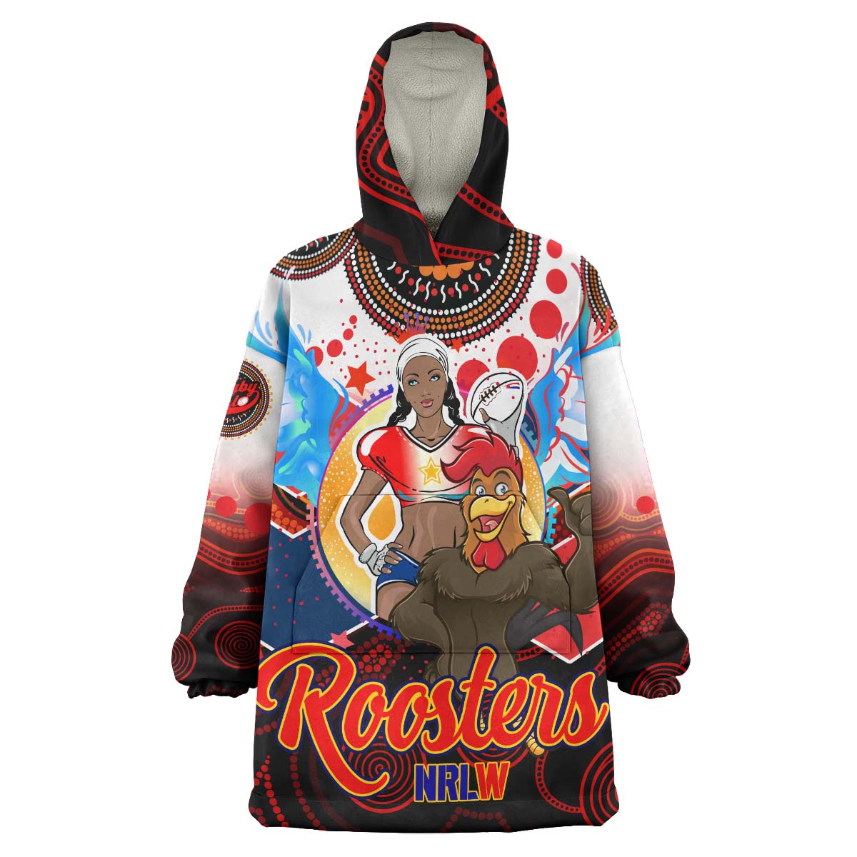 nrlw-roosters-rugby-snug-hoodie-custom-womens-rugby-league-with-aboriginal-dot-painting-style-player-and-number-oodie-blanket
