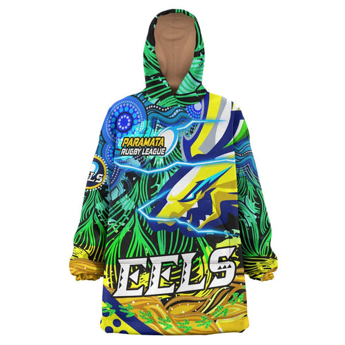 eels-rugby-snug-hoodie-custom-paramata-electric-eels-with-aboriginal-dot-painting-player-and-number-oodie-blanket