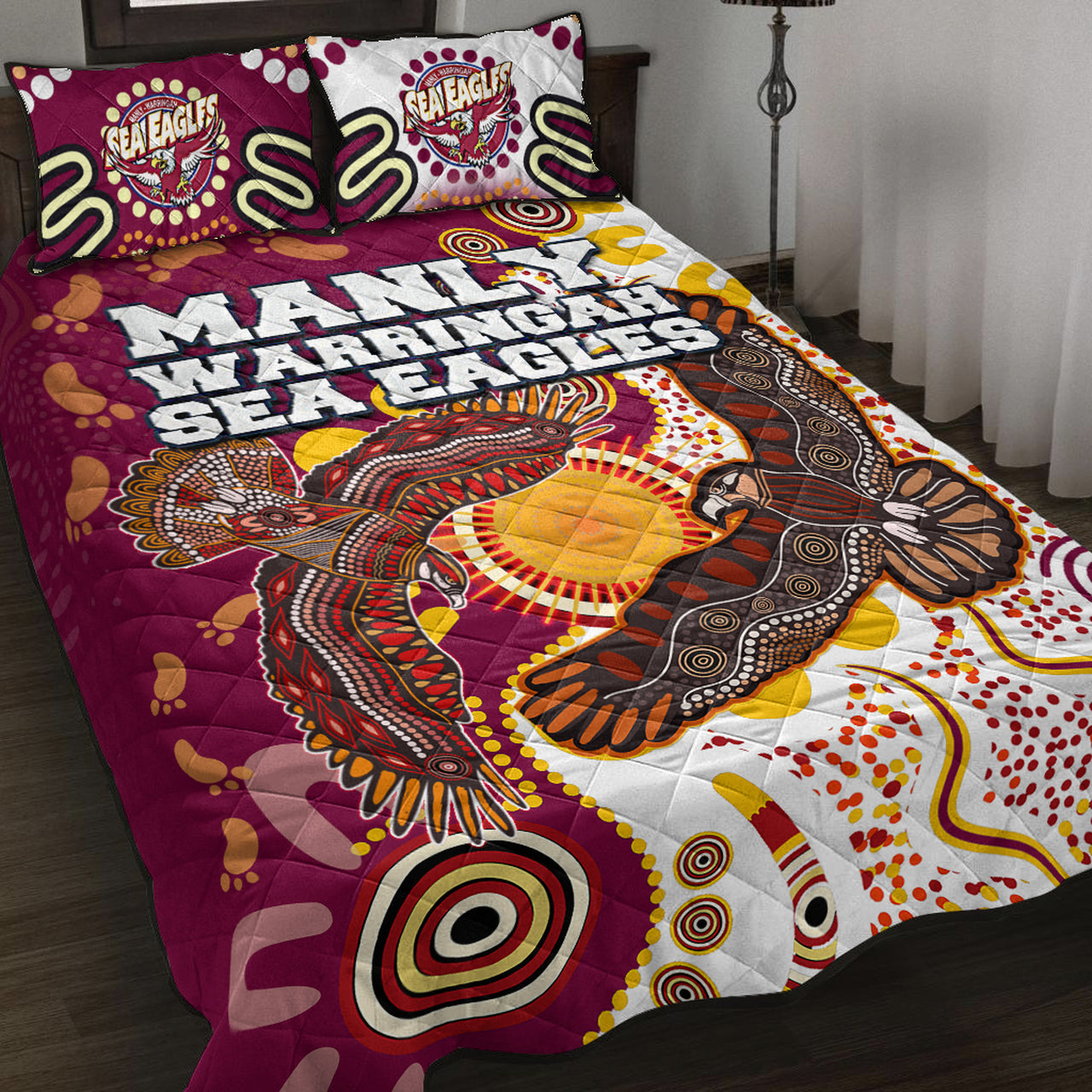 sea-eagles-aboriginal-rugby-quilt-bed-set-double-sea-eagles-with-tribal-sun-and-footprints