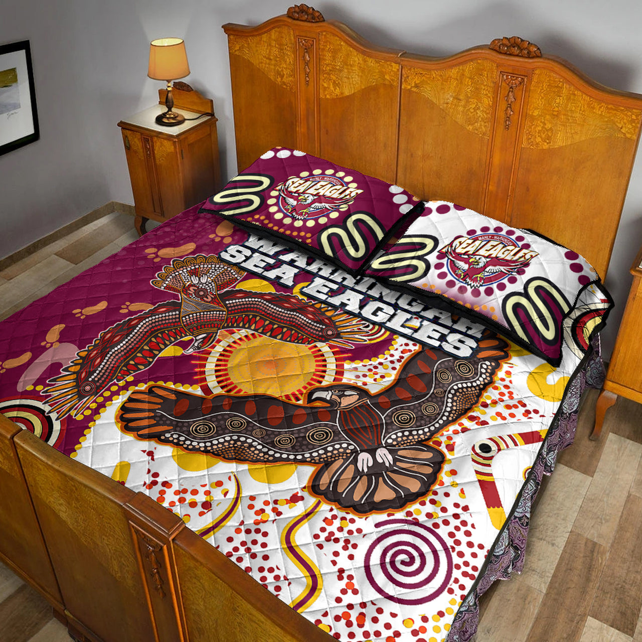 sea-eagles-aboriginal-rugby-quilt-bed-set-double-sea-eagles-with-tribal-sun-and-footprints