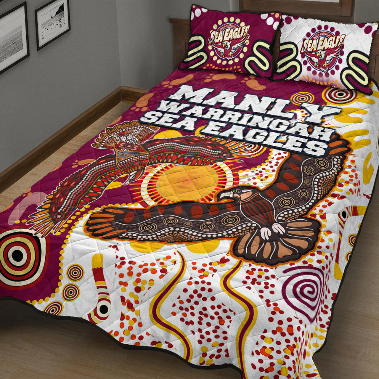 sea-eagles-aboriginal-rugby-quilt-bed-set-double-sea-eagles-with-tribal-sun-and-footprints