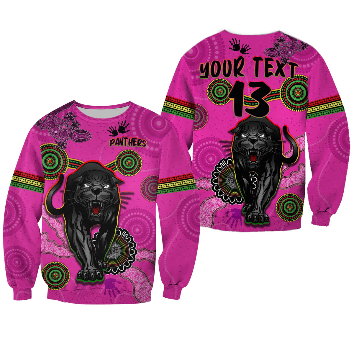 custom-text-and-number-panthers-sweatshirt-aboriginal-with-lizard