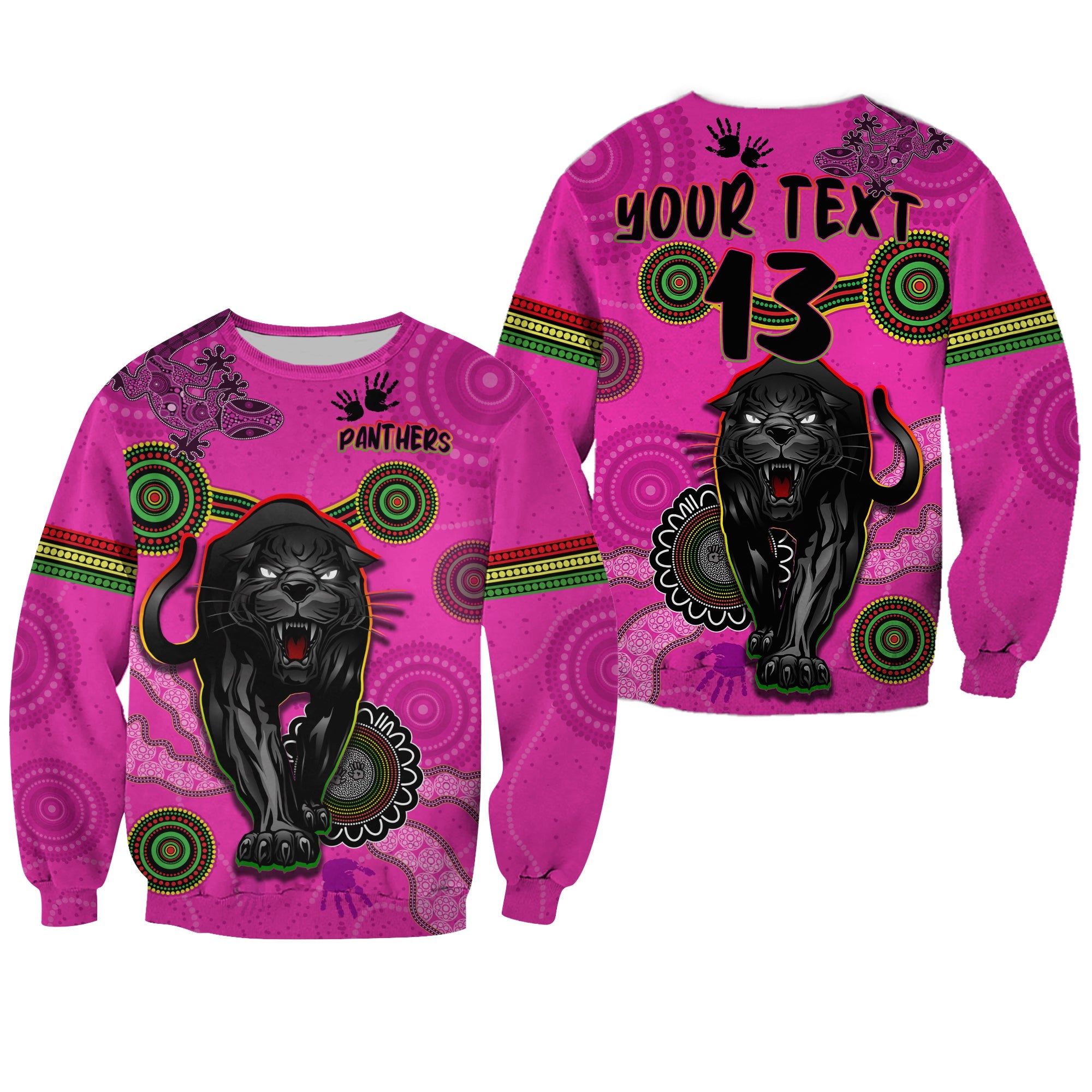 custom-text-and-number-panthers-sweatshirt-aboriginal-with-lizard