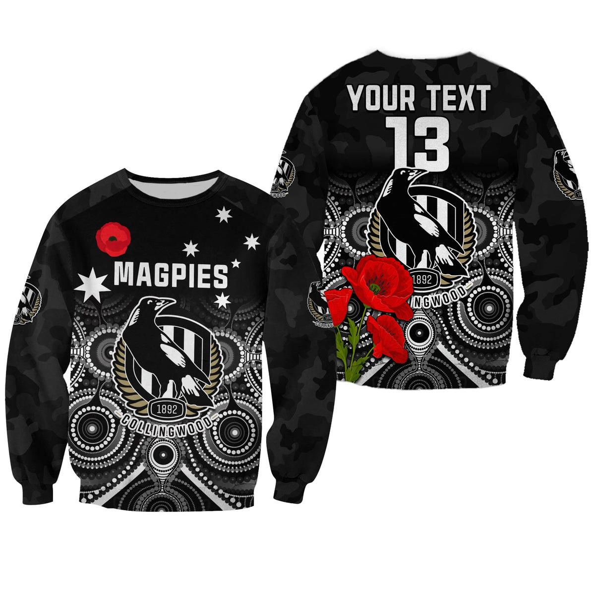 custom-text-and-number-magpies-football-anzac-day-sweatshirt-aboriginal-poppy-flowers