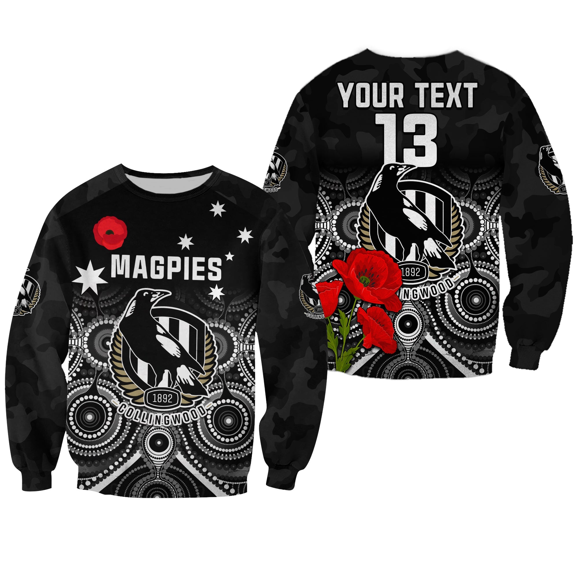 custom-text-and-number-magpies-football-anzac-day-sweatshirt-aboriginal-poppy-flowers