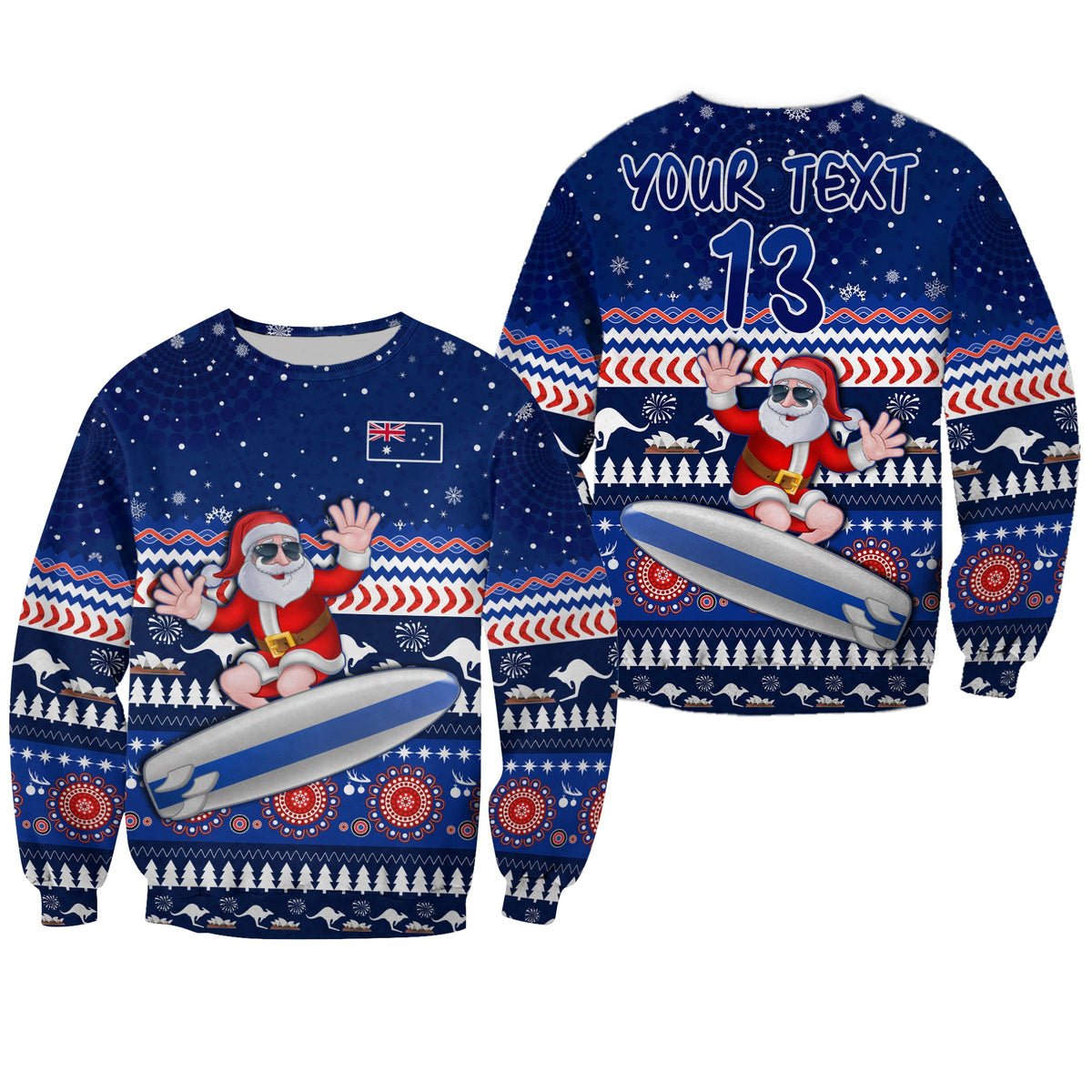 custom-text-and-number-australia-christmas-sweatshirt-aussie-aboriginal-santa-claus-is-surfing-with-kangaroo