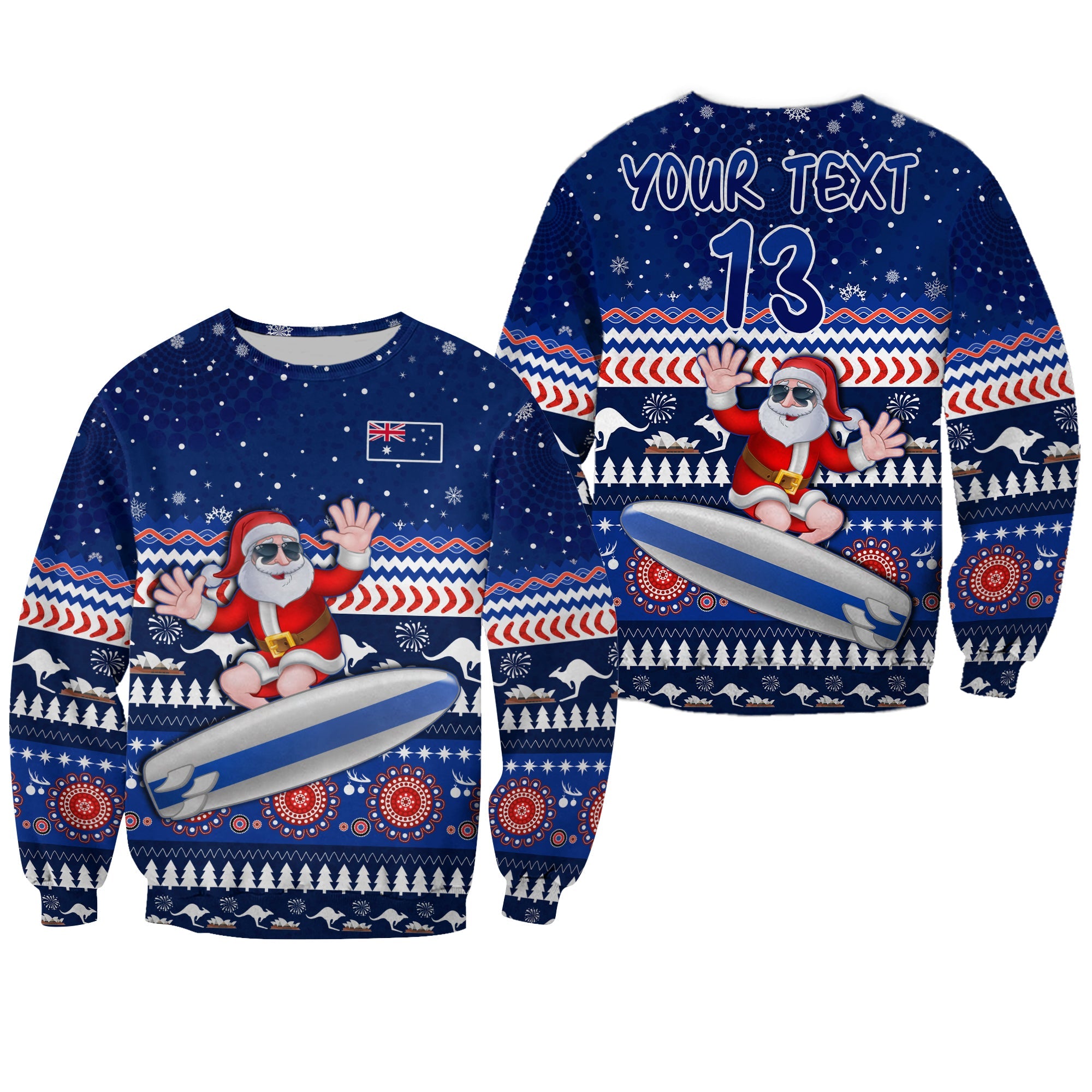 custom-text-and-number-australia-christmas-sweatshirt-aussie-aboriginal-santa-claus-is-surfing-with-kangaroo