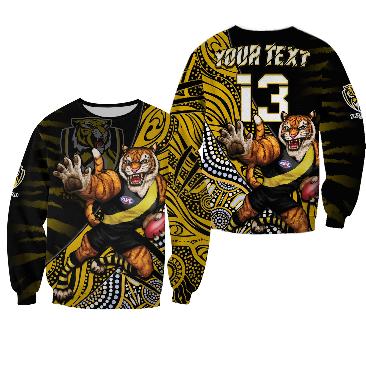 custom-text-and-number-richmond-football-sweatshirt-aboriginal-go-the-tigers-mascot