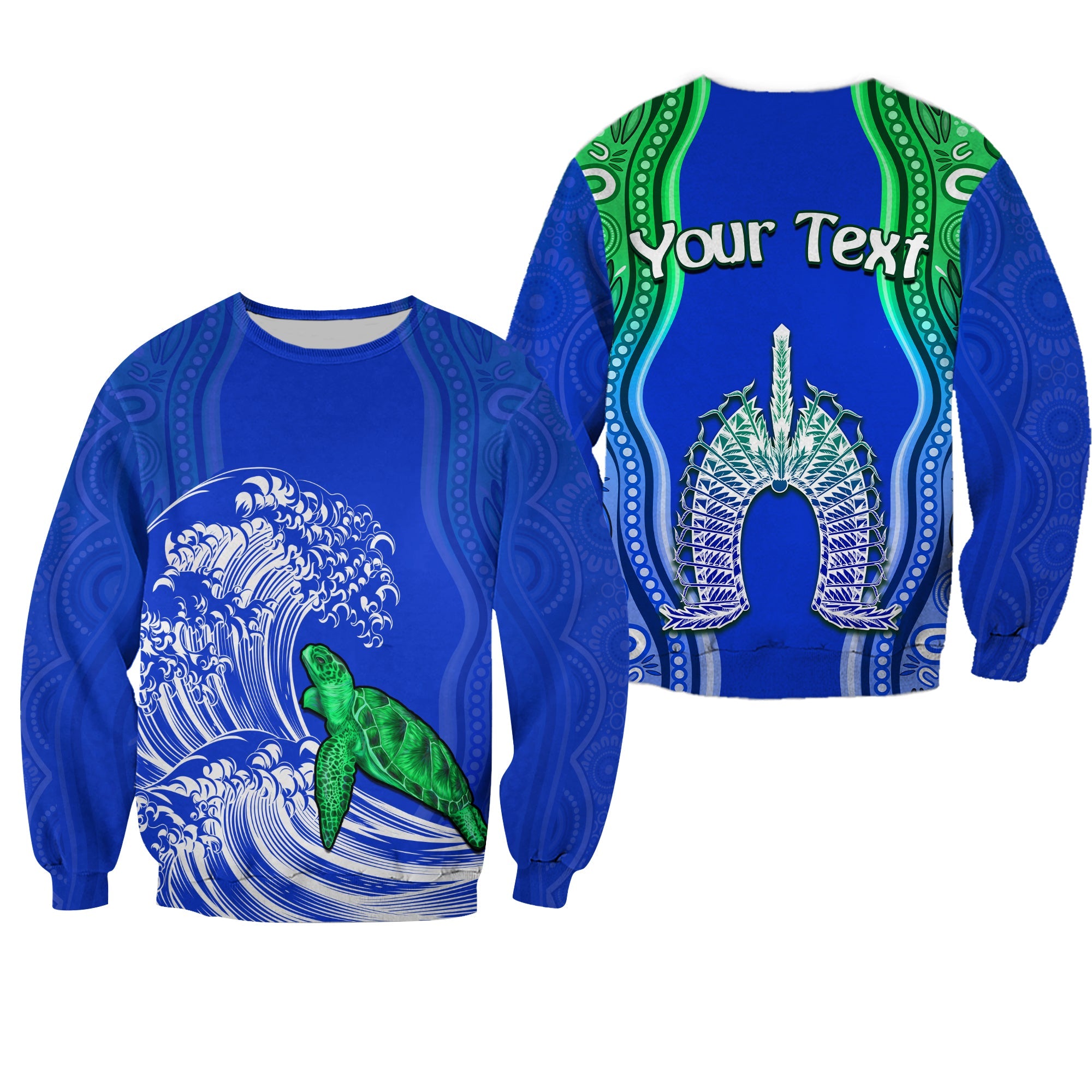 custom-personalised-torres-strait-islands-sweatshirt-the-dhari-mix-aboriginal-turtle-version-blue