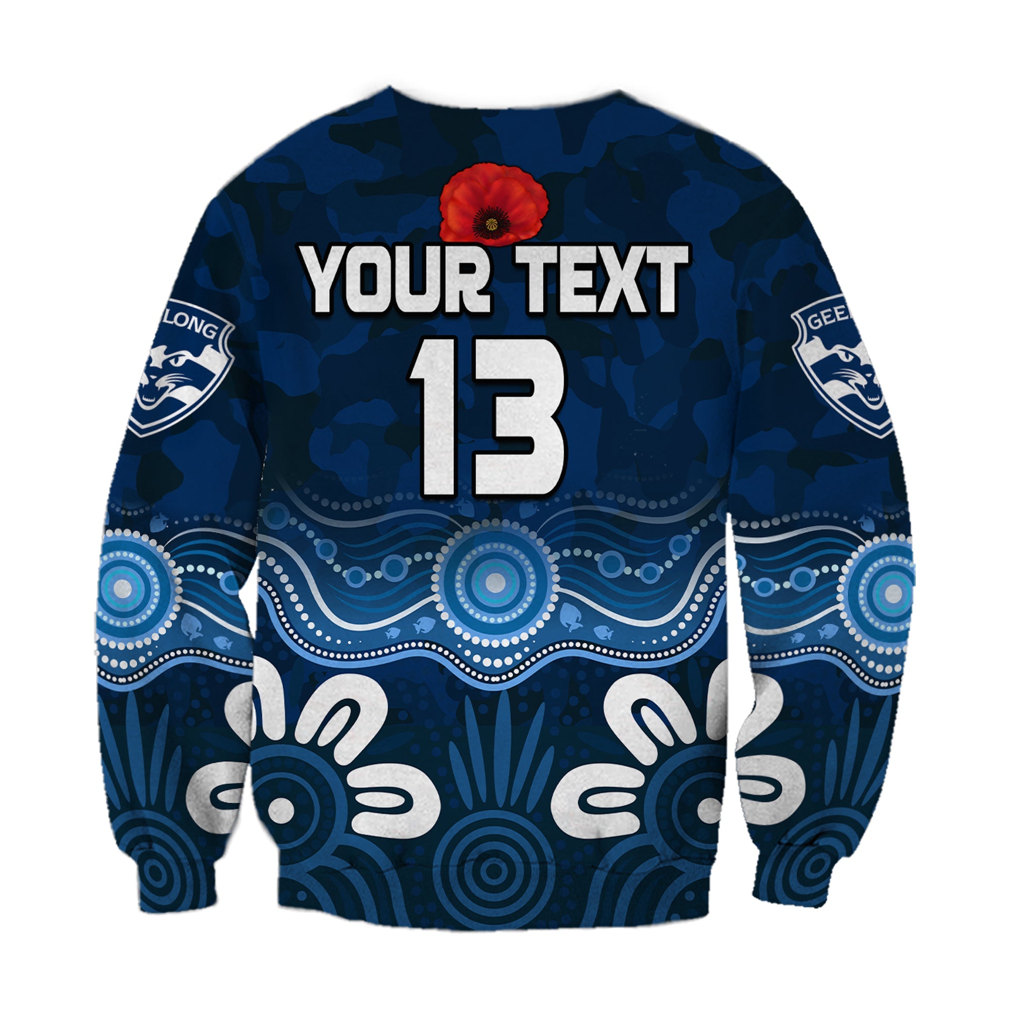 custom-text-and-number-cats-anzac-2022-sweatshirt-geelong-football-aboriginal-poppy