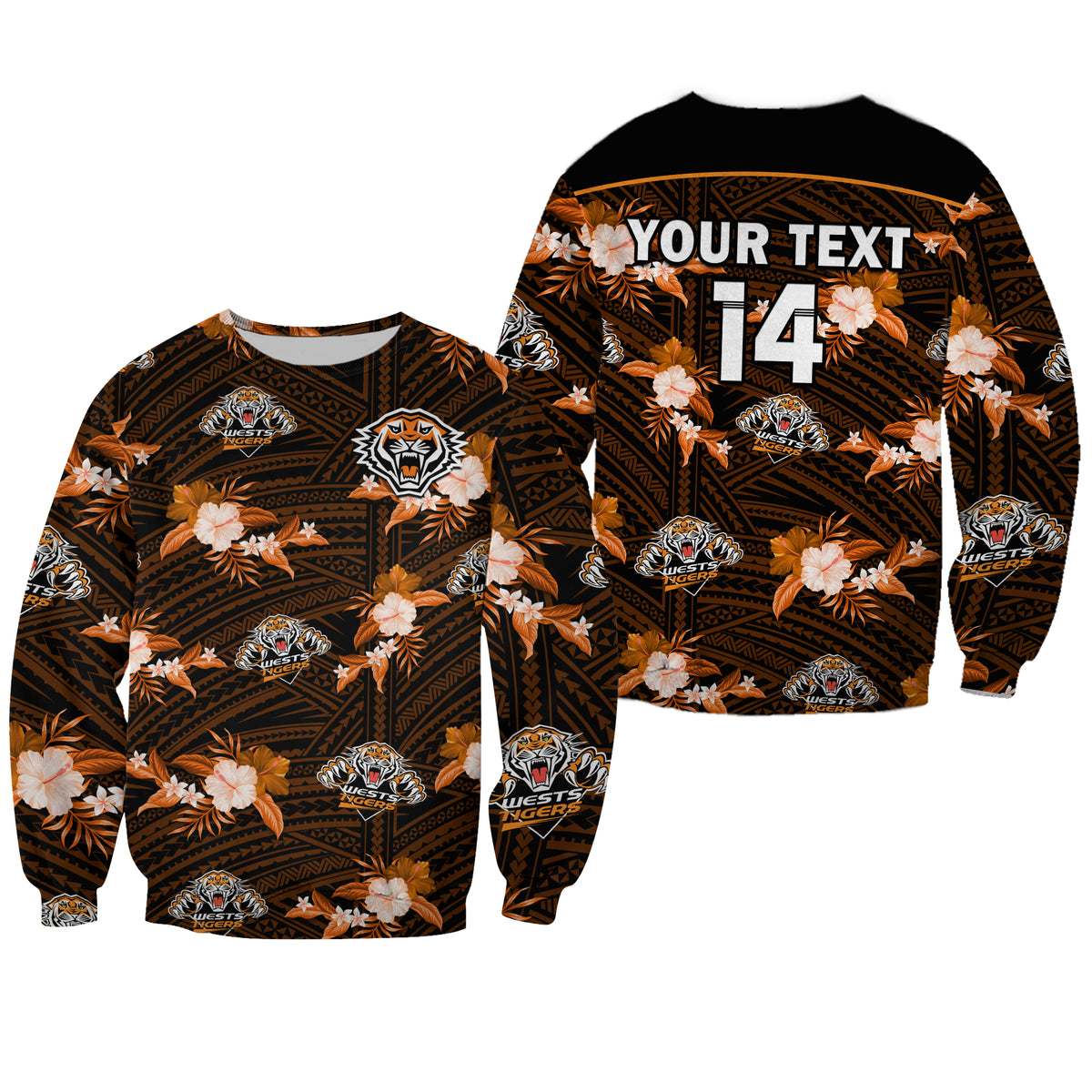 (Custom Text And Number) Wests Tigers Rugby Sweatshirt Polynesian Tribal Mix Tropical Hawaiian Style LT14