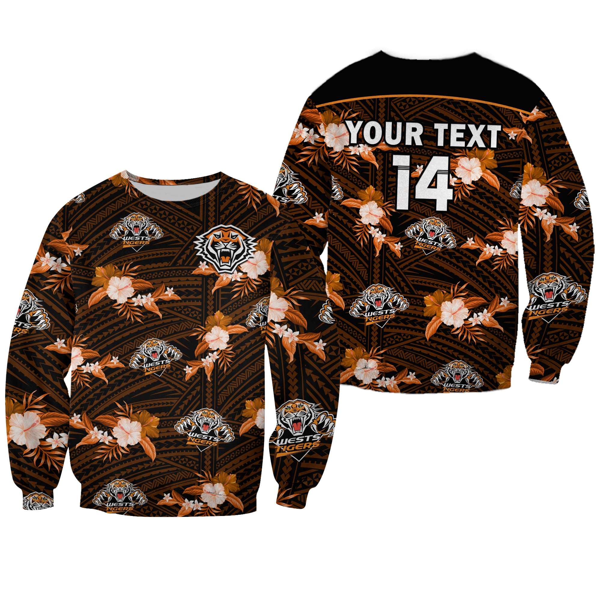 (Custom Text And Number) Wests Tigers Rugby Sweatshirt Polynesian Tribal Mix Tropical Hawaiian Style LT14