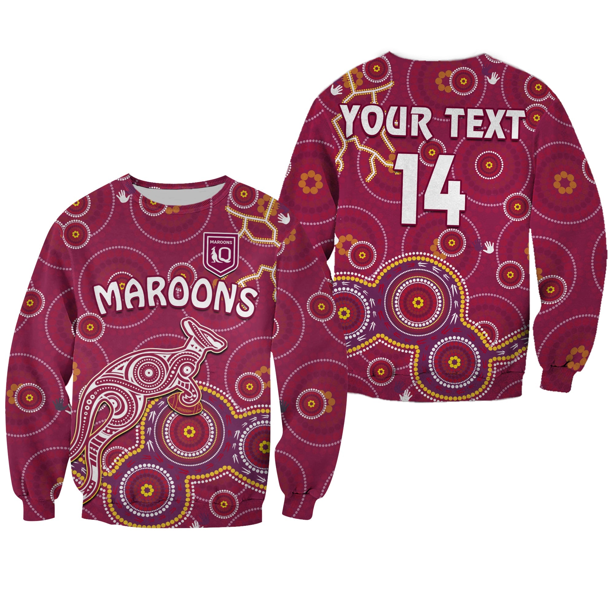 custom-text-and-number-maroons-rugby-sweatshirt-kangaroo-indigenous-pattern-unique-version