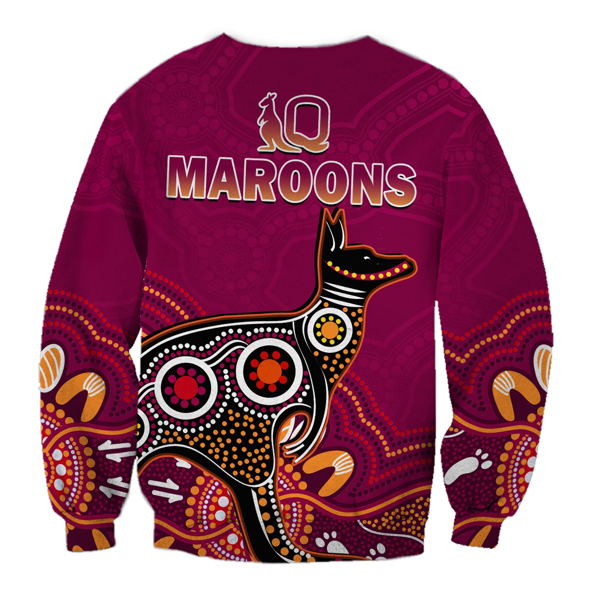 custom-text-and-number-maroons-rugby-sweatshirt-queensland-kangaroo-aboriginal-dot-paintings