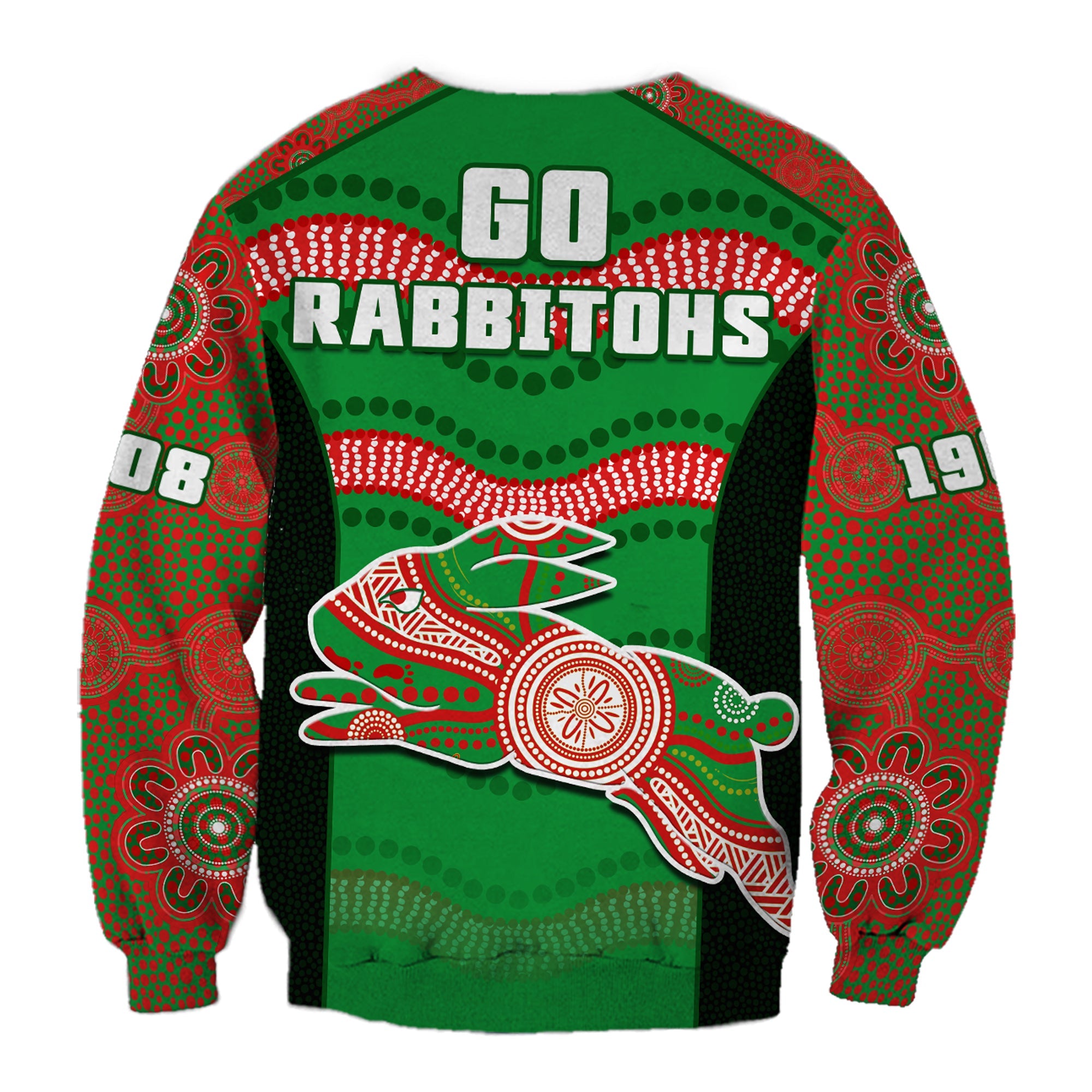 rabbitohs-rugby-sweatshirt-souths-1908-aboriginal-dot-painting-go-bunnies
